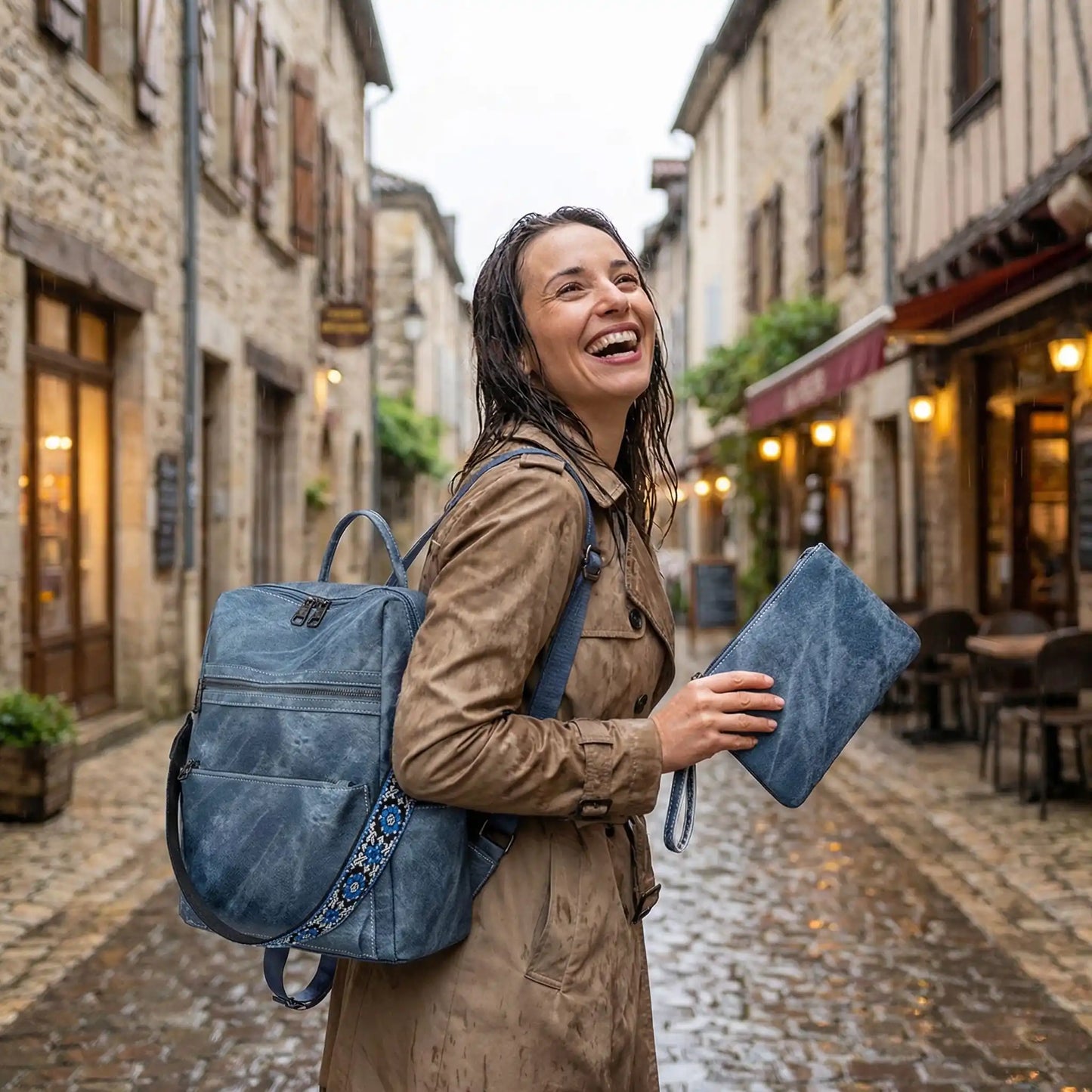 sac a dos porte femme sous pluie riant
